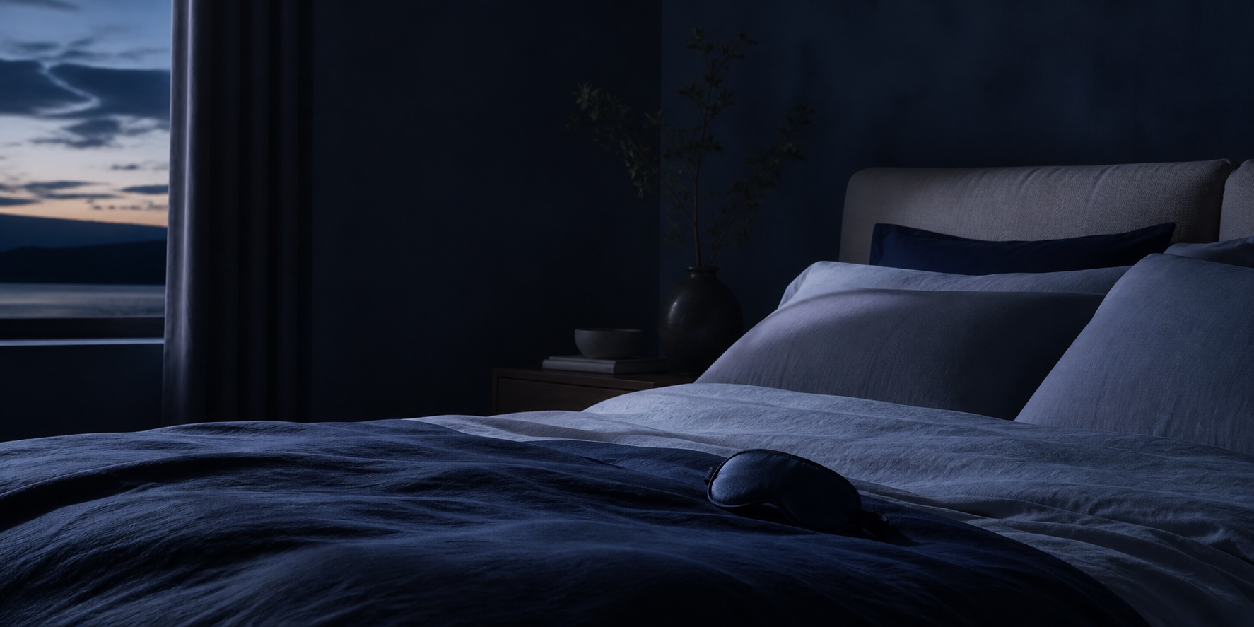 Dark blue calm bedroom scene for SOMNIA sleep essentials