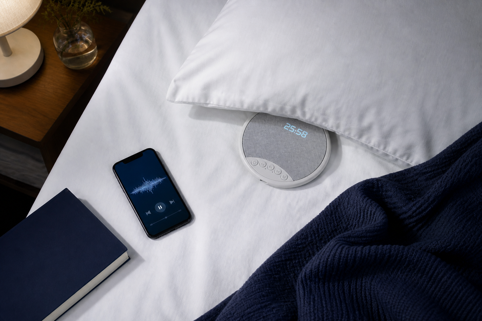 SOMNIA SoundPillow Grey top-down bedtime ritual lifestyle placeholder