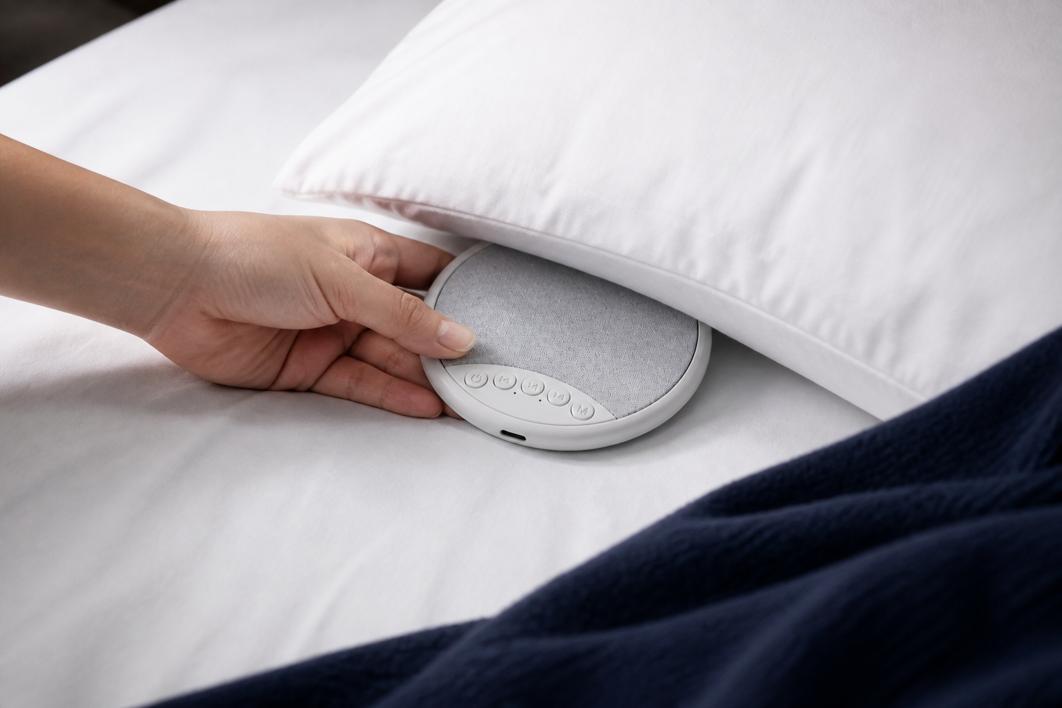 SOMNIA SoundPillow Grey under-pillow placement demonstration placeholder